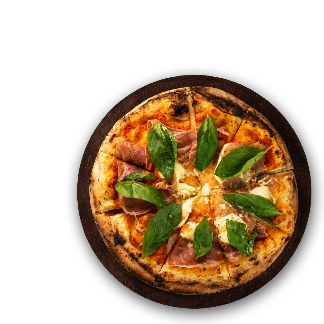 Pizza artesanal TREBELLI con prosciutto, burrata y albahaca
